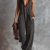 Retro Fashiona Sporty Hooded V neck Front Zipper Raspberry Cotton Jumpsuit Dark